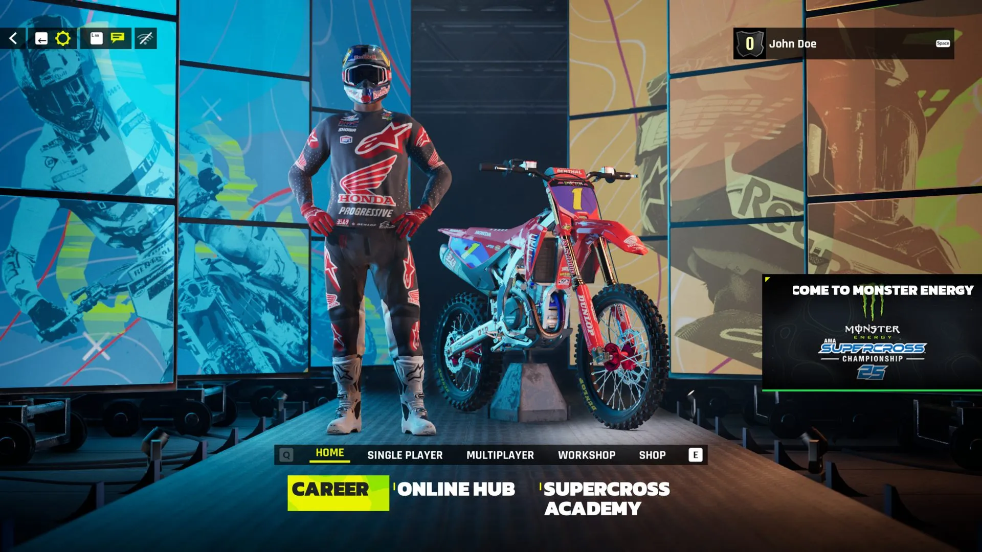 Captura Monster Energy Supercross 6 – Menu Principal Del Juego Con Un Piloto De Honda Y Su Motocicleta Sobre Una Plataforma En Sala Futurista