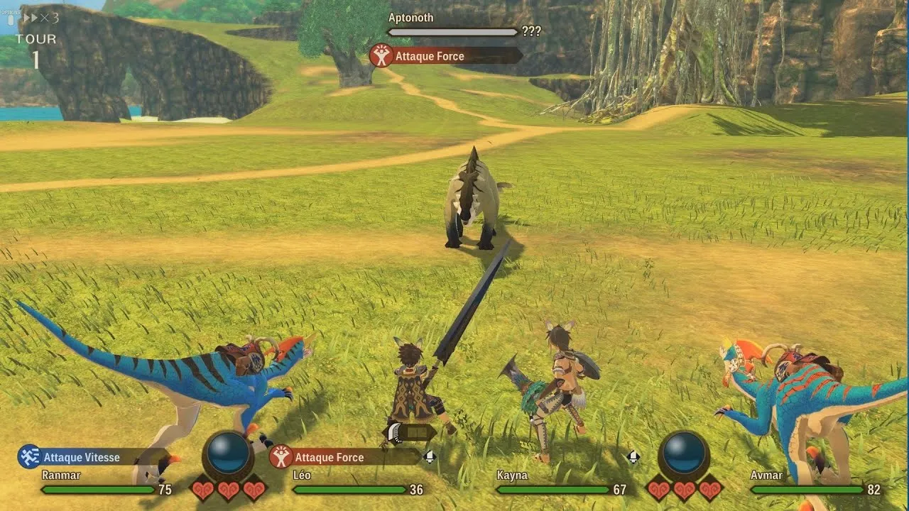 Captura Monster Hunter Stories – Escena De Batalla Con Velociraptores En Campo Abierto