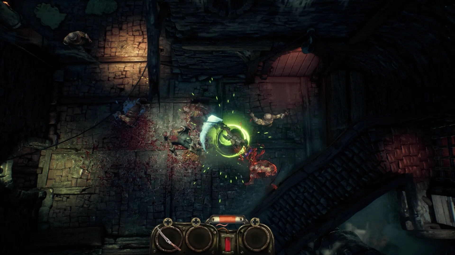 Captura Moroi Un Hachero Desata Un Ataque Giratorio Con Energia Verde Contra Enemigos En Una Mazmorra Oscura Y Ensangrentada