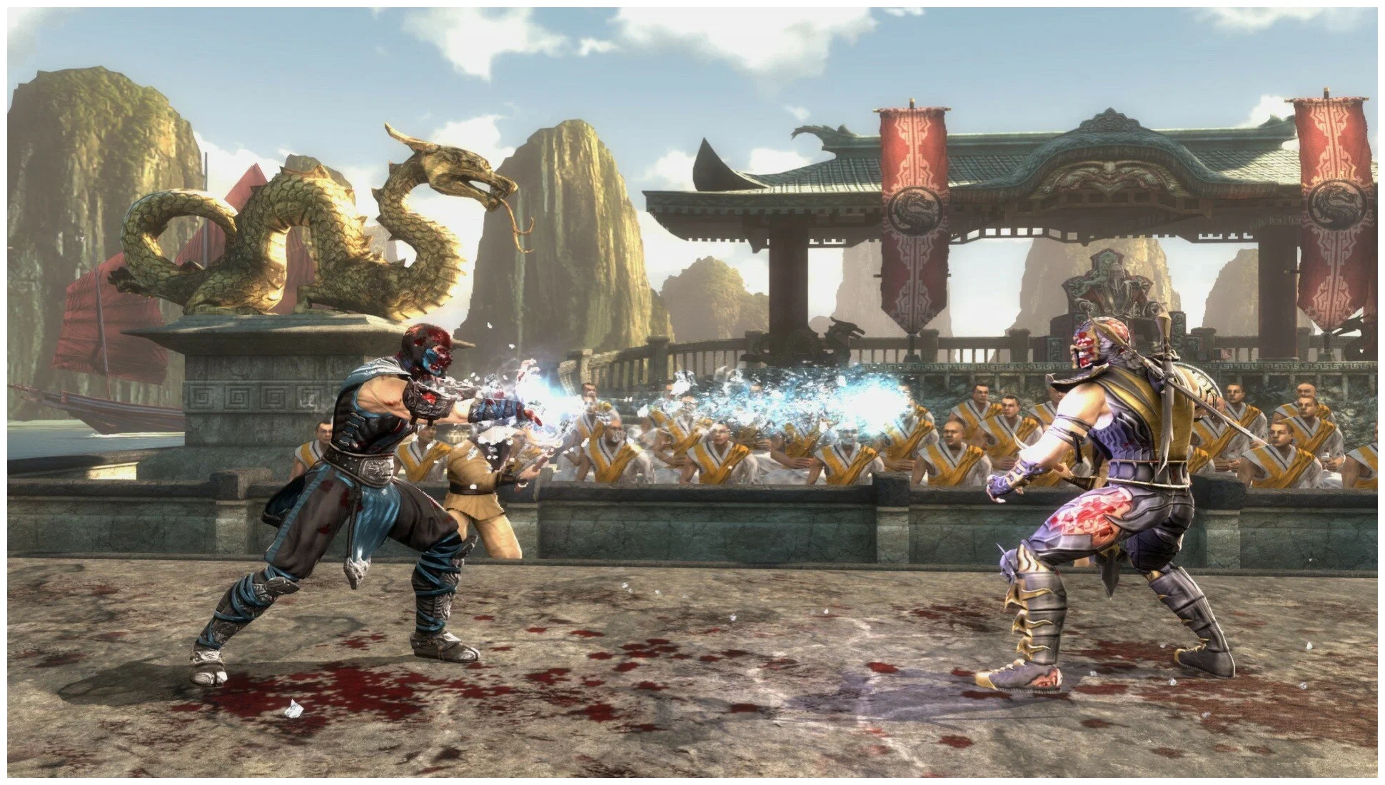 Captura Mortal Kombat Komplete Edition – Combate Activo Entre Dos Luchadores En Un Escenario Clasico Con Estatuas