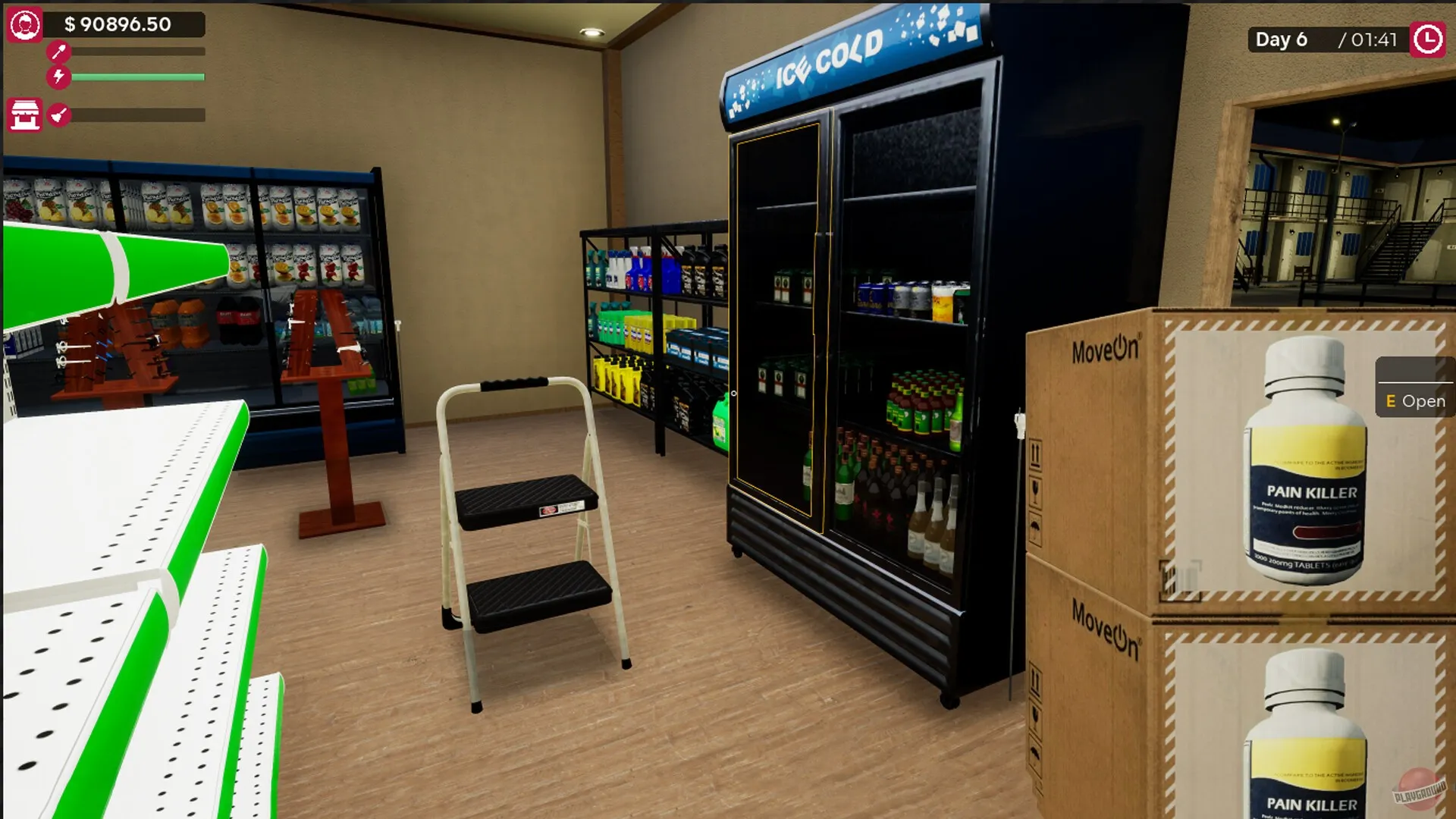 Captura Motel Manager Simulator – Interior Del Almacen Con Estanterias De Bebidas Y Productos