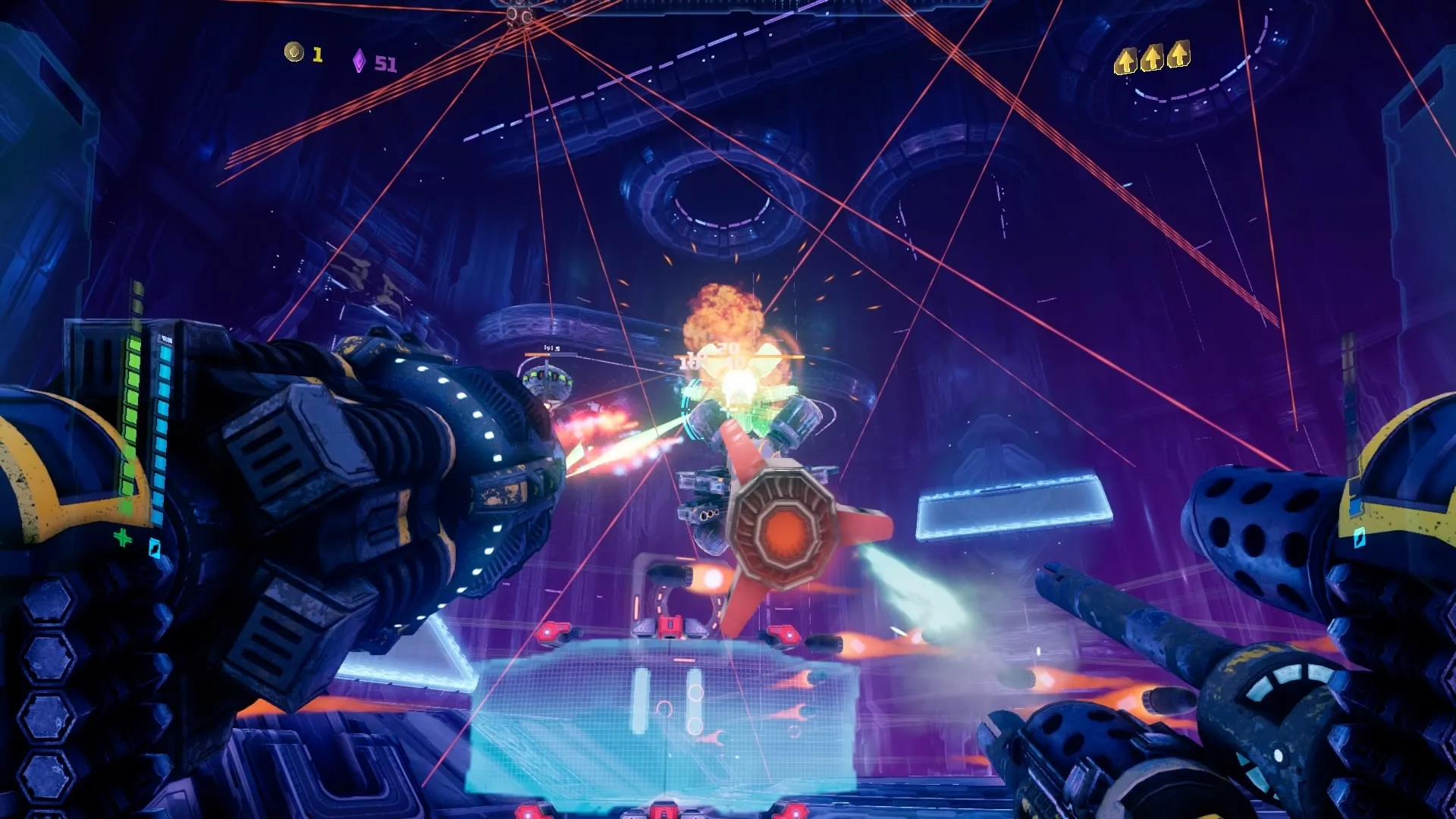 Captura Mothergunship Disparos Laser Entre Armas Gigantes En Una Sala Iluminada De Rojo