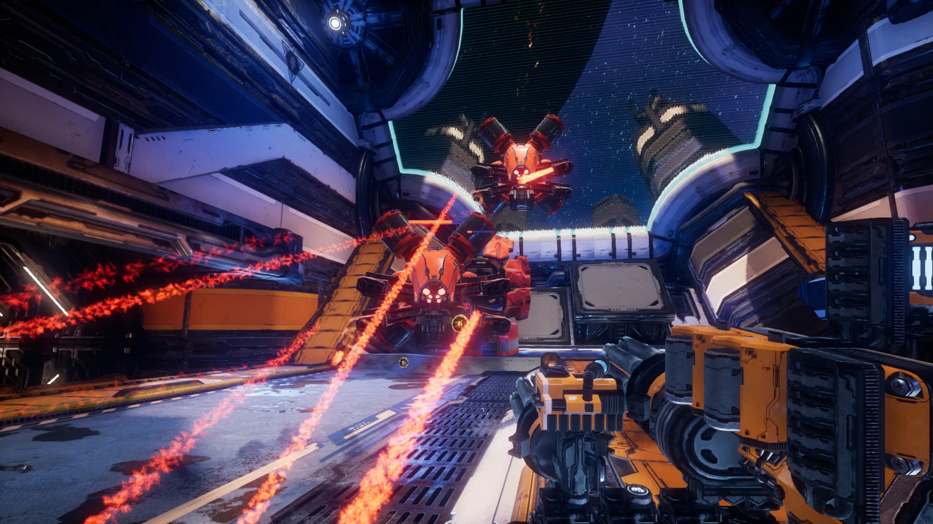 Captura Mothergunship Explosiones Cruzadas En Pasillo Futurista Con Enemigos Al Fondo