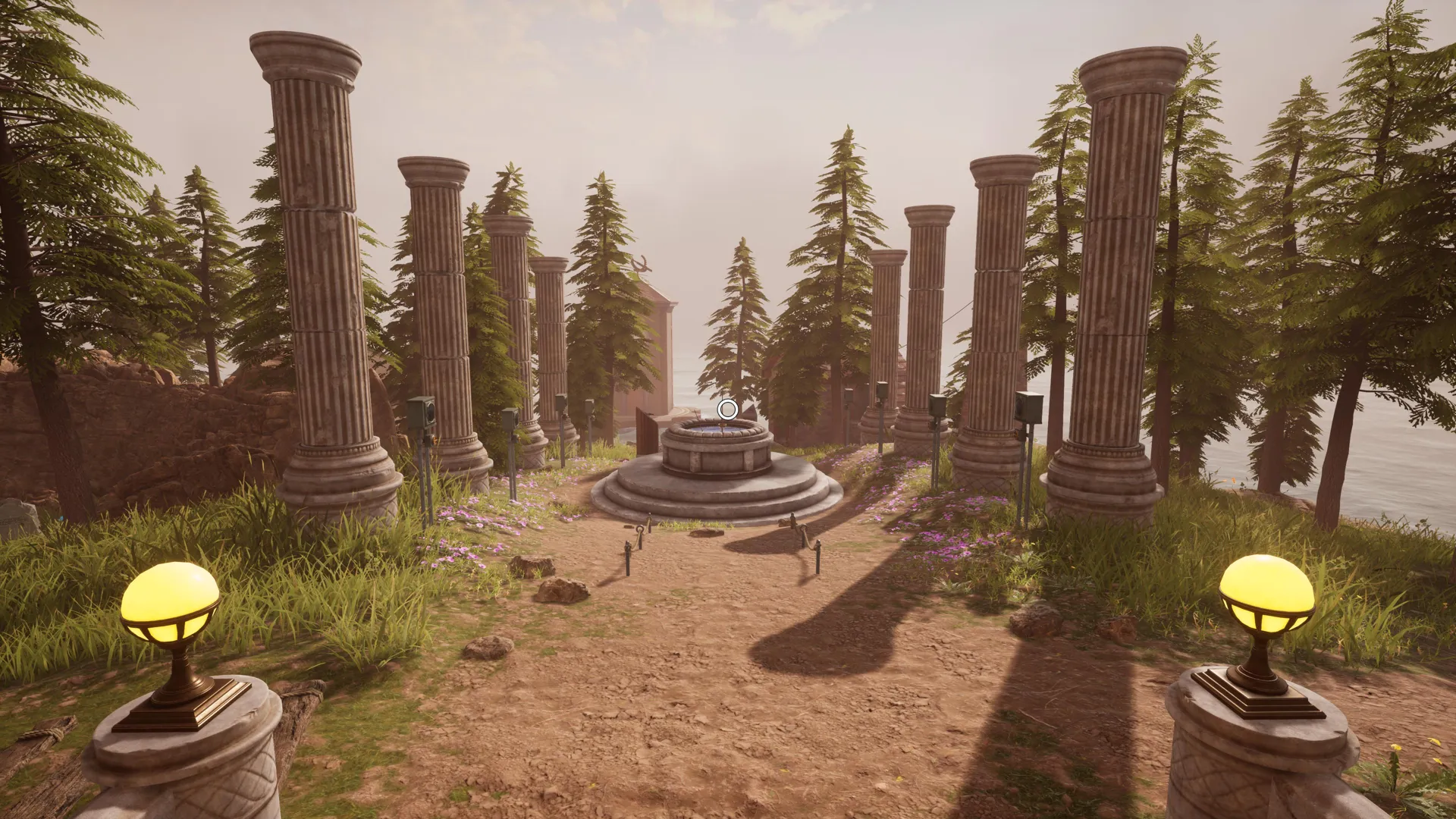 Captura Myst – Camino Entre Columnas De Piedra En Bosque Iluminado