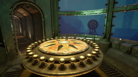 Captura Myst – Sala Circular Con Maquinaria Dorada Al Centro