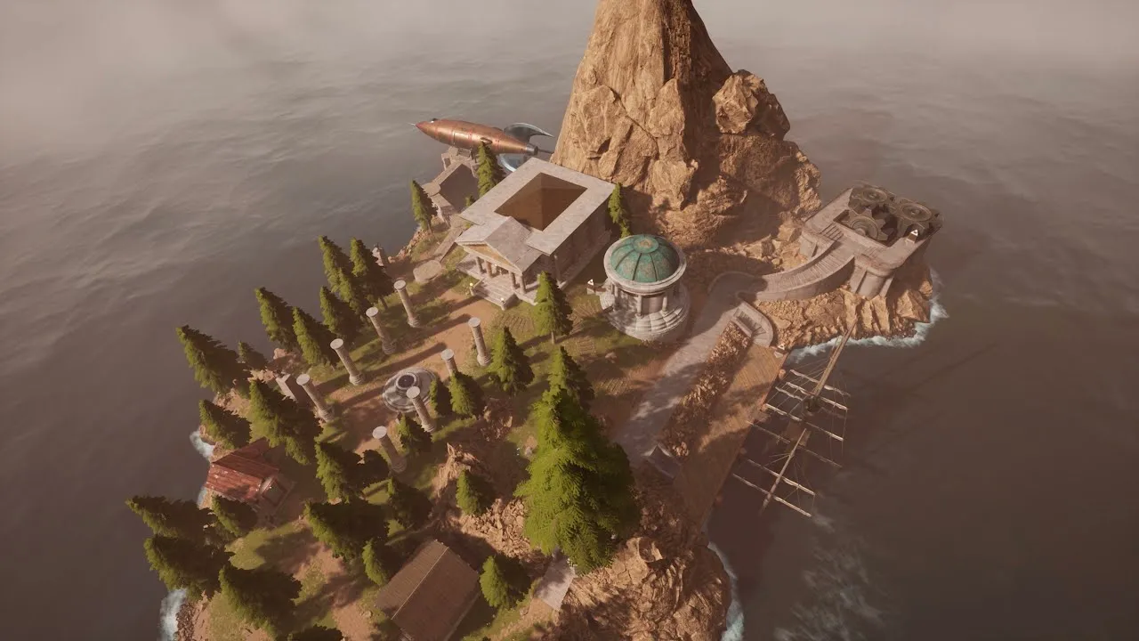 Captura Myst – Vista Aerea De La Isla Con Formaciones Rocosas Y Cabanas