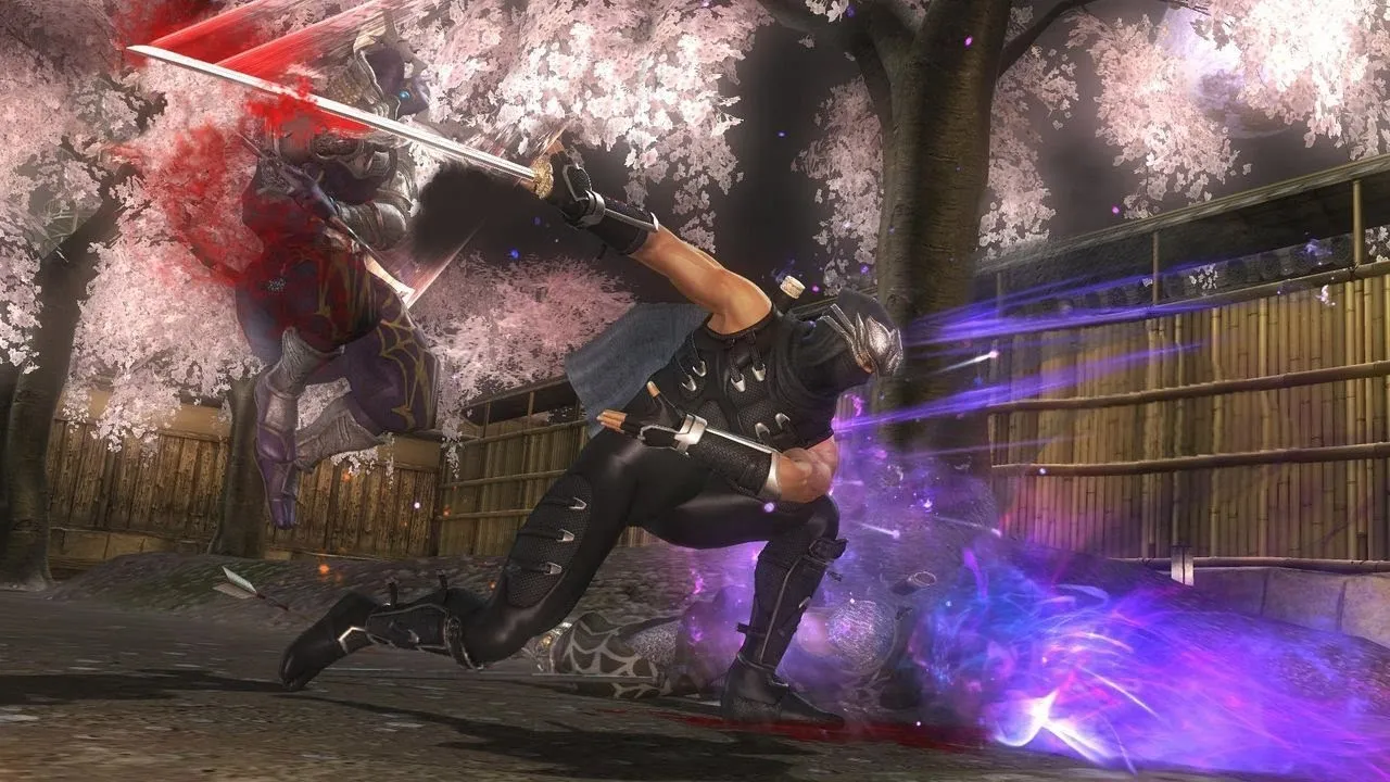 Captura NINJA GAIDEN 2 Black – Ryu Corta A Un Enemigo En El Aire Rodeado De Energia Purpura Y Flores De Cerezo