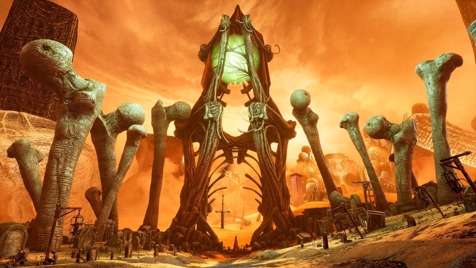 Captura Necrophosis Estructuras Colosales Con Forma Osea Rodean Una Gigantesca Puerta Bajo Un Cielo Anaranjado Surrealista