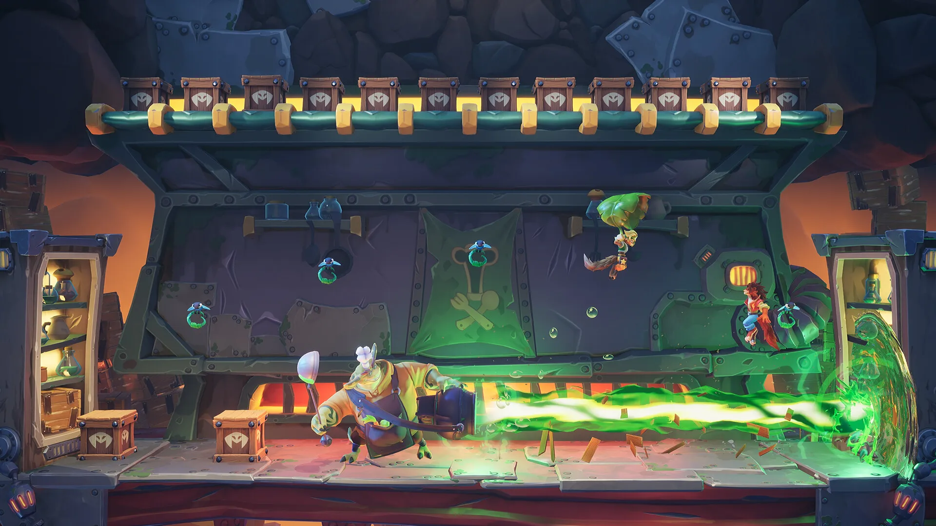 Captura Nikoderiko The Magical World – Dos Personajes Se Enfrentan A Un Cocinero Mutante En Un Escenario Con Rayos Verdes Y Cajas Suspendidas