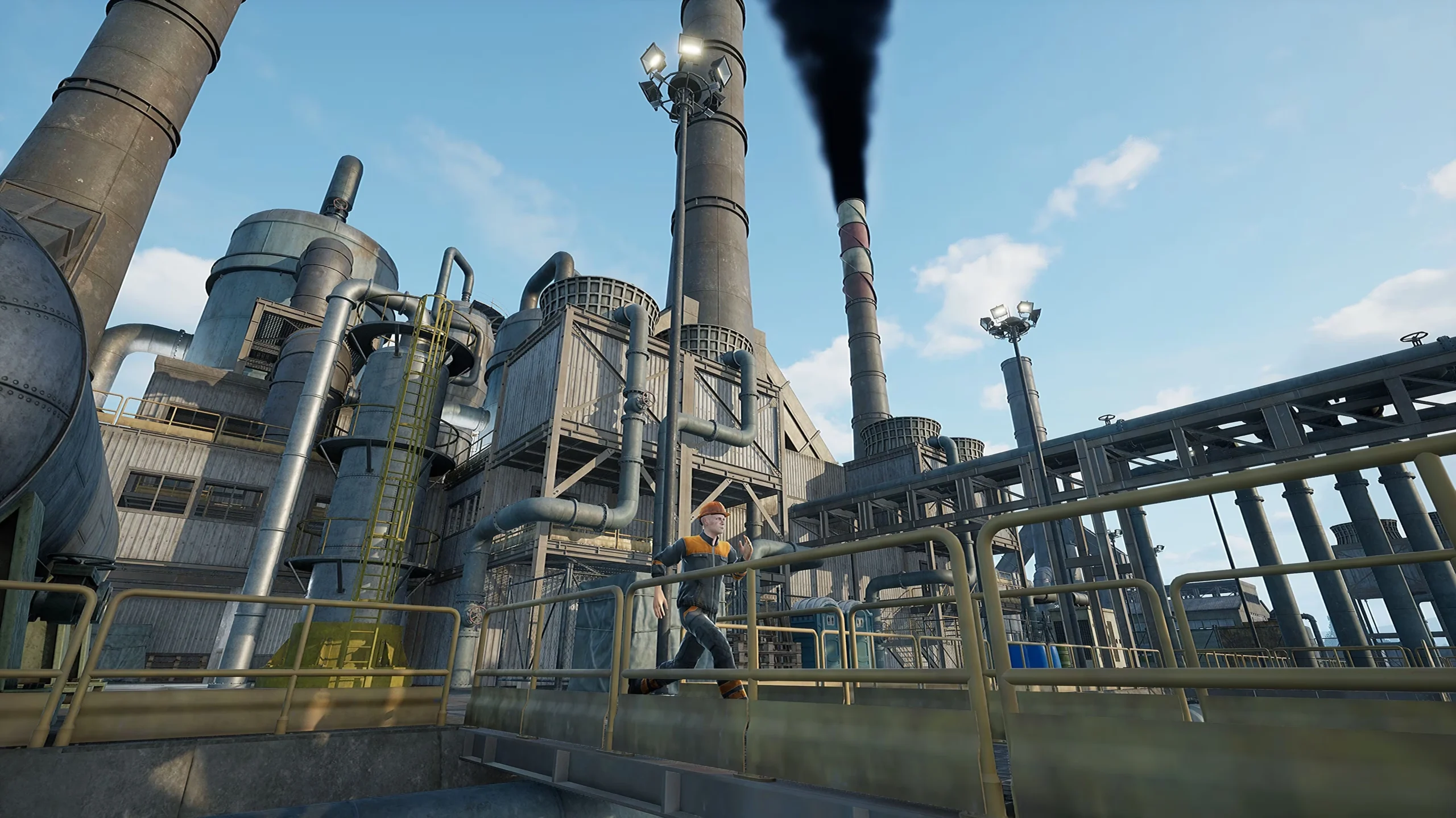 Captura Oil Refinery The Simulation – Personaje Corriendo Sobre Una Pasarela Metalica Dentro De Un Complejo De Chimeneas Y Tuberias Scaled