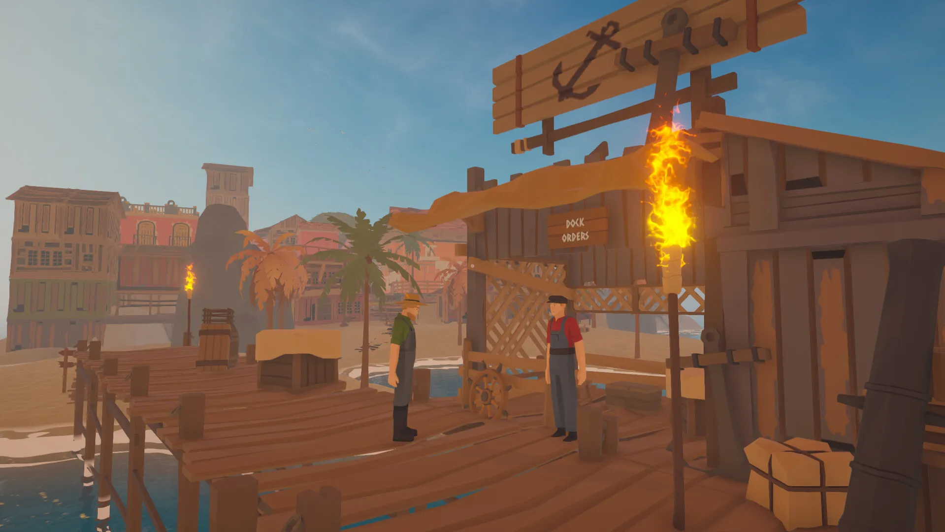Captura Old Market Simulator – Dos Personajes Conversan Frente A Un Muelle Con Antorchas Y Madera