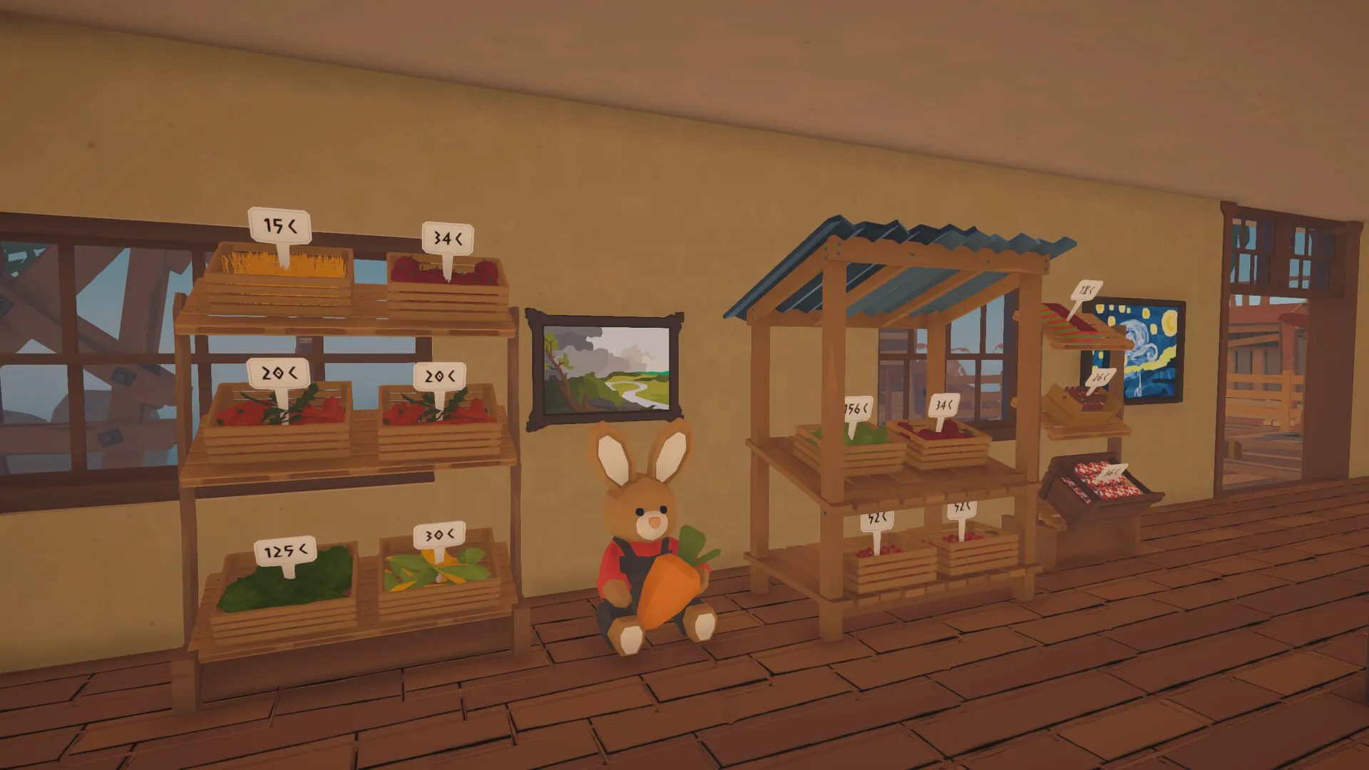 Captura Old Market Simulator – Estantes De Verduras Con Precios A La Vista Y Peluche De Conejo Decorativo