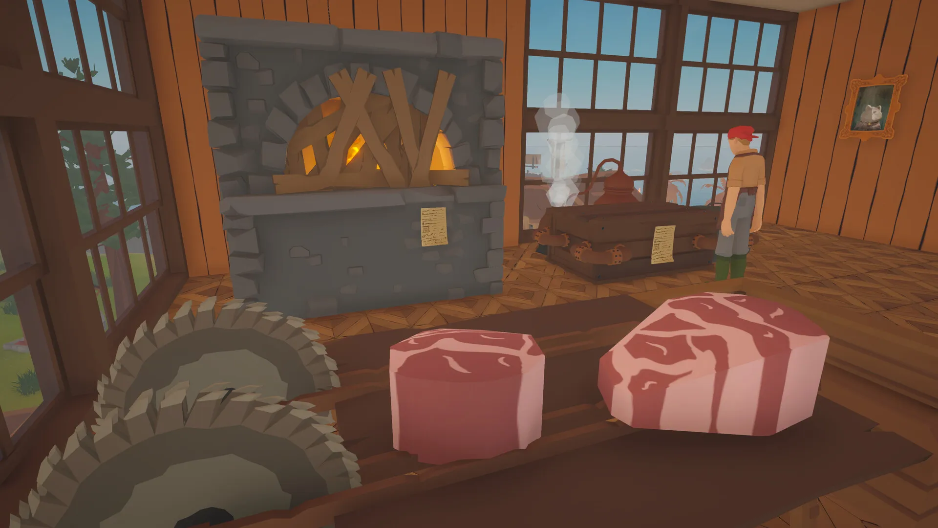 Captura Old Market Simulator – Interior Con Horno De Piedra Y Cortes De Carne Sobre Una Mesa De Trabajo