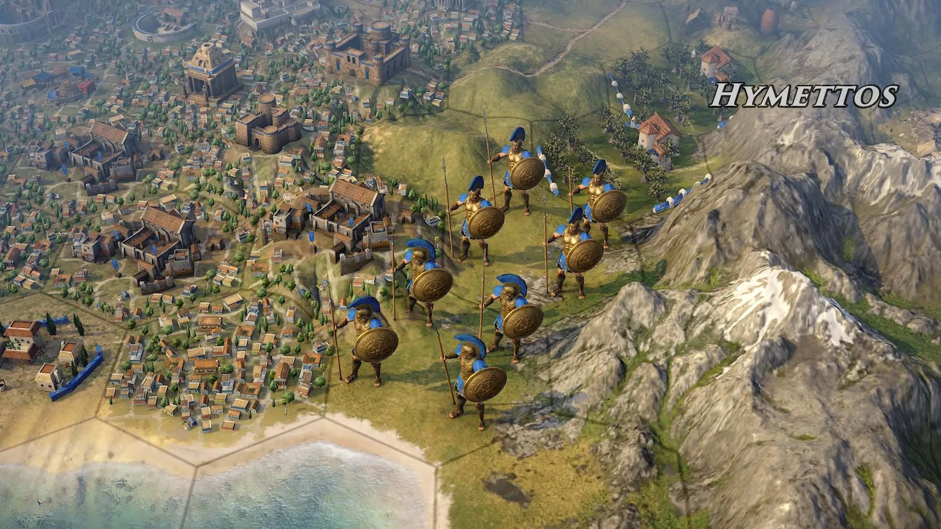 Captura Old World – Tropas Griegas Marchando Sobre Colinas Junto A Una Ciudad Fortificada