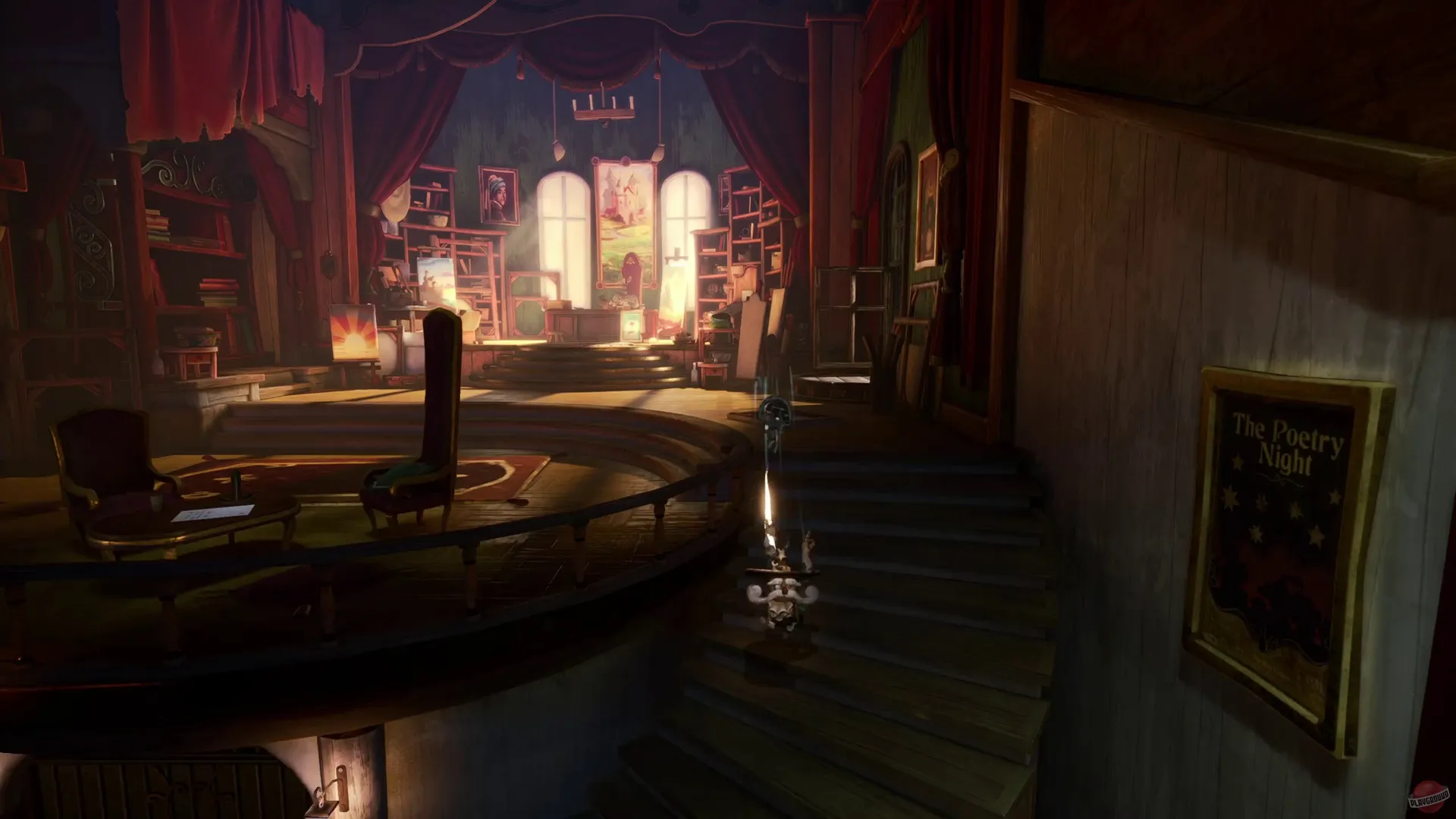 Captura Once Upon A Puppet – Sala Oscura Con Mostrador Y Luces Calidas Al Fondo