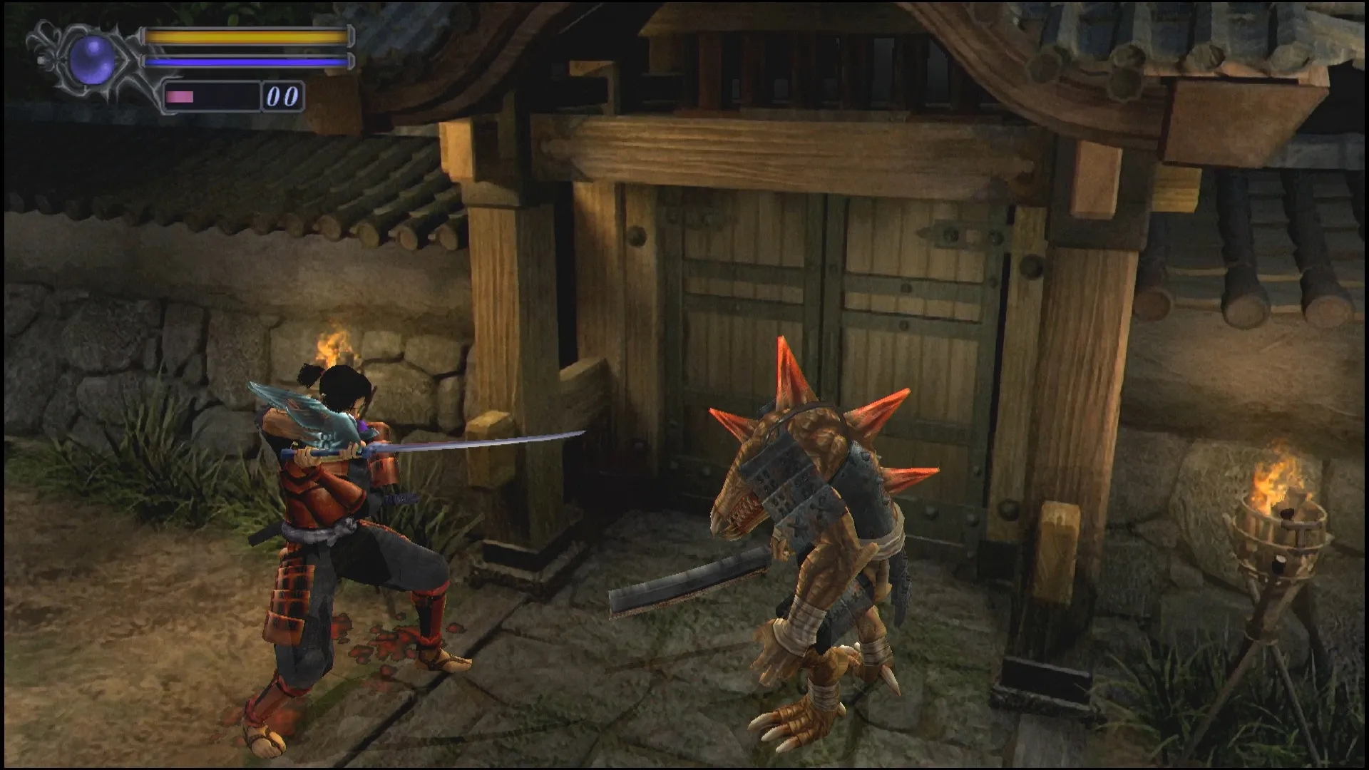 Captura Onimusha Warlords Combate En Patio Japones Entre Guerrero Y Enemigo Armado