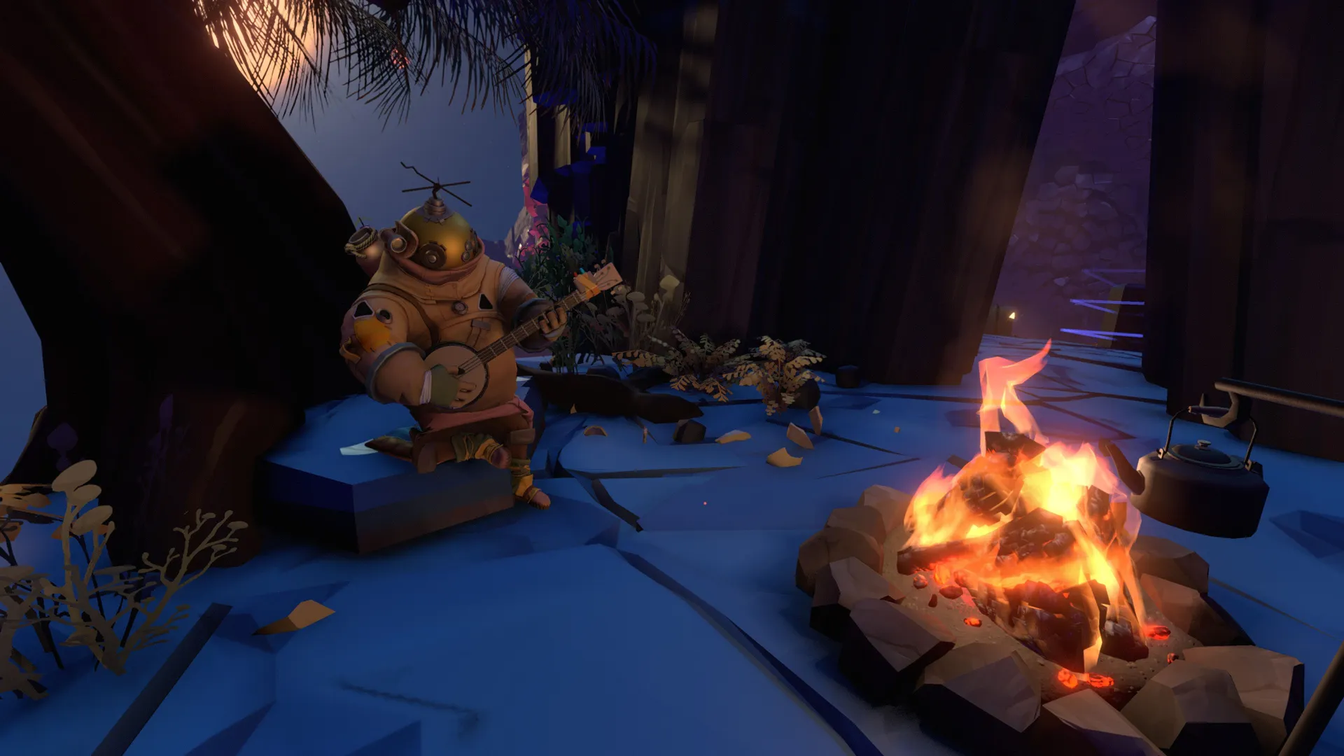 Captura Outer Wilds – Personaje Sentado Junto A Fogata Cerca De La Orilla