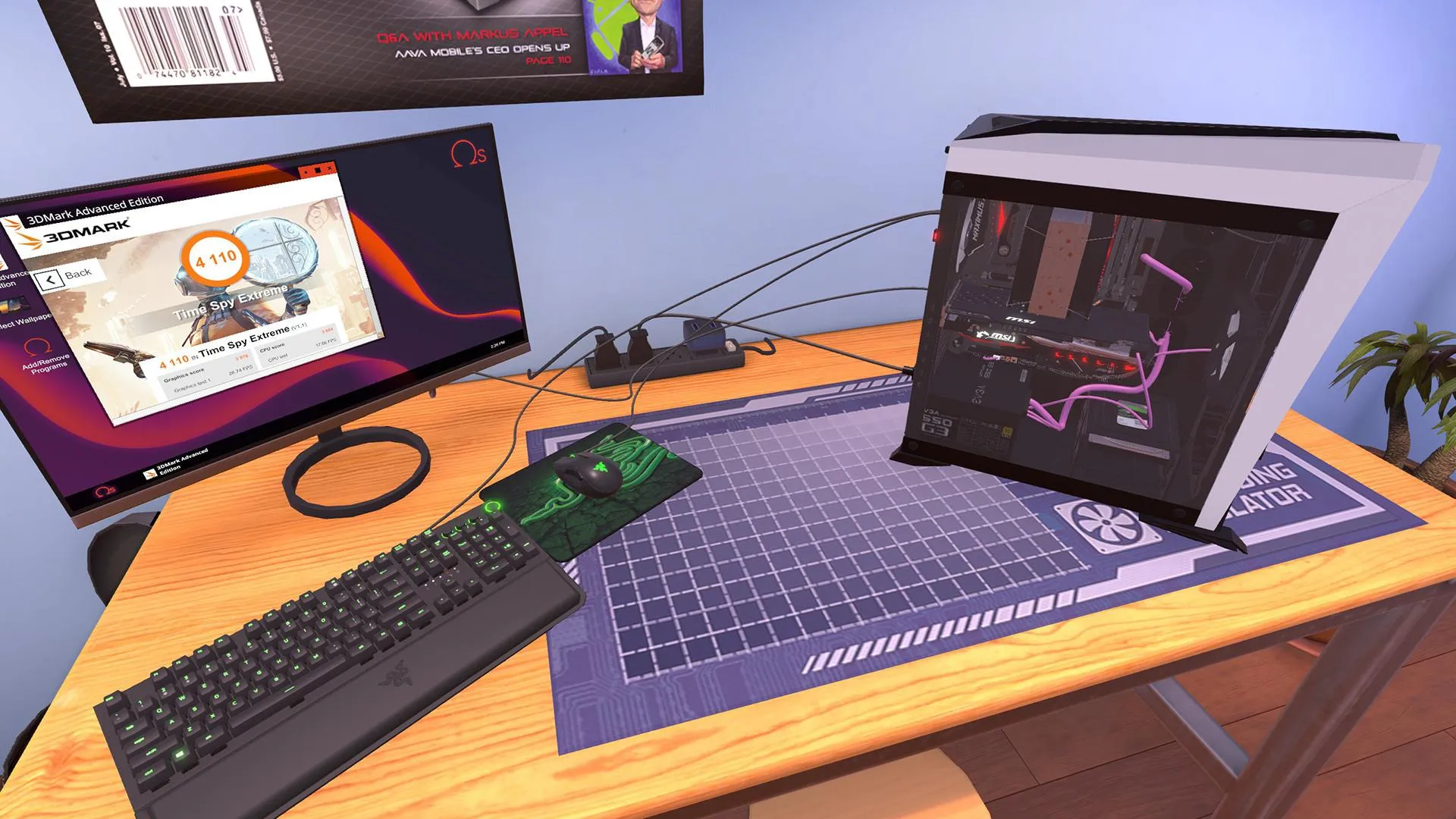 Captura PC Building Simulator 2 – Escritorio Con PC Encendida Monitor Mostrando Benchmark Y Teclado Con Alfombrilla Verde