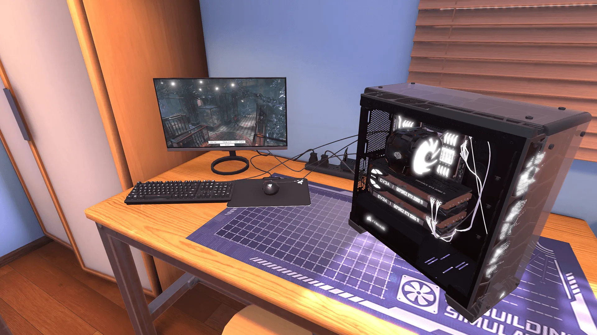 Captura PC Building Simulator 2 – PC Con Iluminacion Blanca Encendida Junto A Monitor En Escritorio De Madera Clara