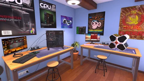 Captura PC Building Simulator 2 – Sala Con Dos Estaciones De Trabajo Gabinetes Personalizados Y Posters De Tecnologia En Las Paredes