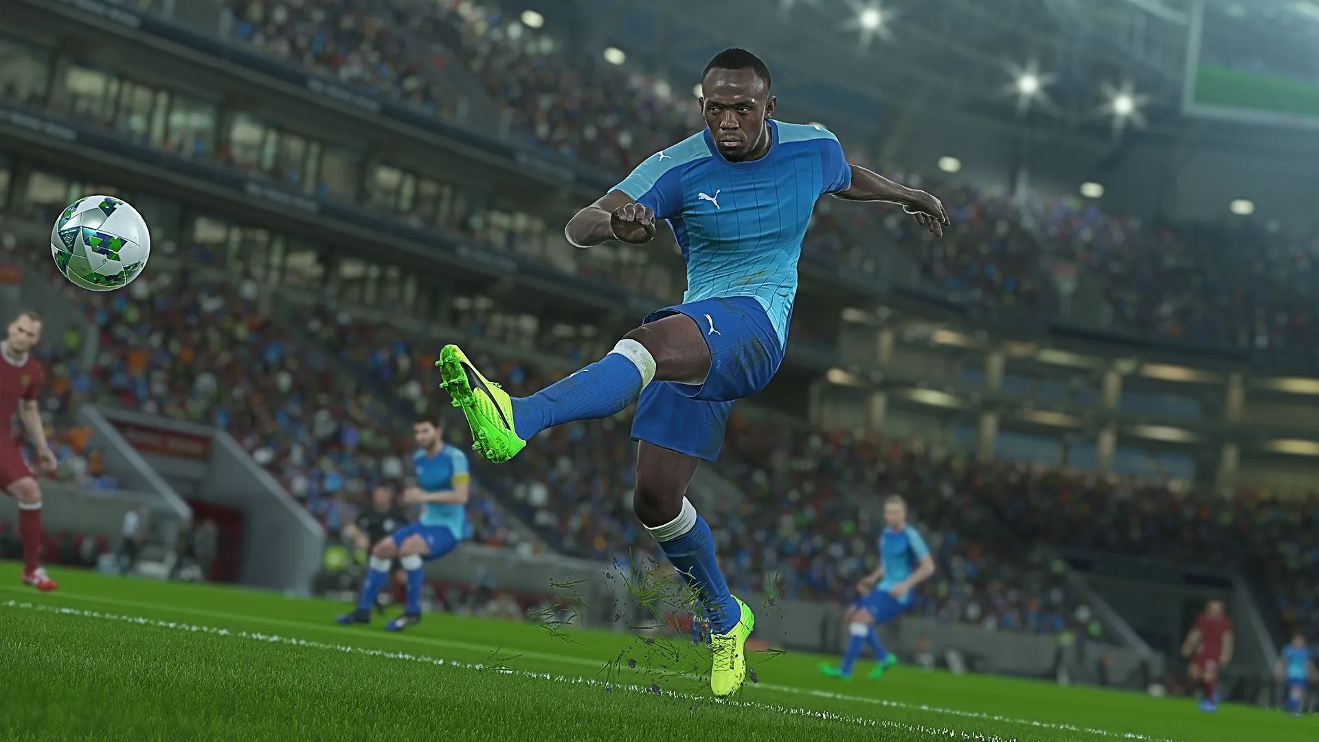 Captura PES 2018 Remate De Volea En Estadio Nocturno Con Jugador En Primer Plano