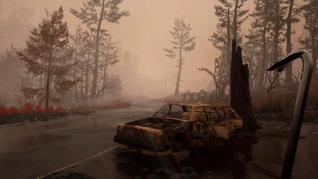 Captura Pacific Drive Deluxe Edition – Carro Oxidado Abandonado En Una Carretera Inundada Entre Arboles Marchitos Y Niebla