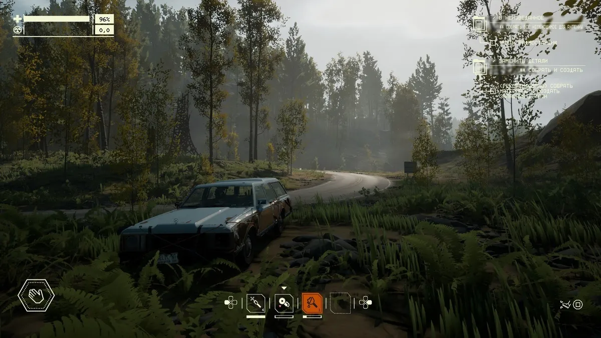 Captura Pacific Drive Deluxe Edition – Vehiculo Detenido En Un Claro De Bosque Frondoso Al Borde De Una Carretera