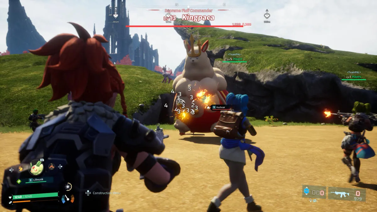 Captura Palworld Personaje Con Arma Disparando A Criatura Gigante En Campo Abierto