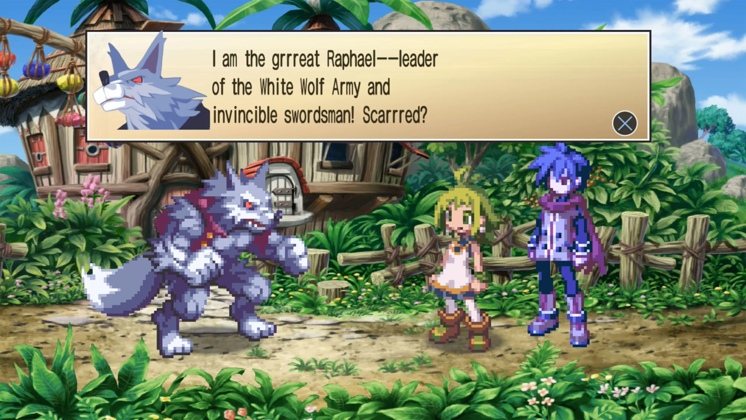 Captura Phantom Brave PC – Dialogo Con Un Lobo Guerrero Que Se Presenta Como Raphael Frente A Marona Y Ash Scaled