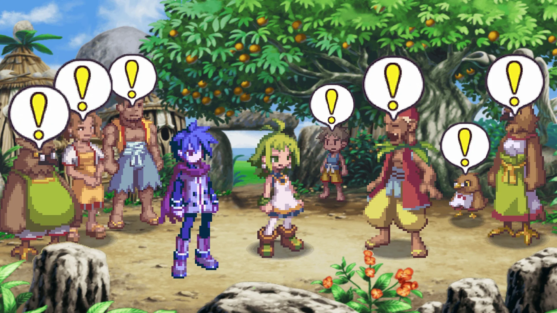 Captura Phantom Brave PC – Escena Con Marona Y Ash Rodeados De Aldeanos Sorprendidos Con Signos De Exclamacion