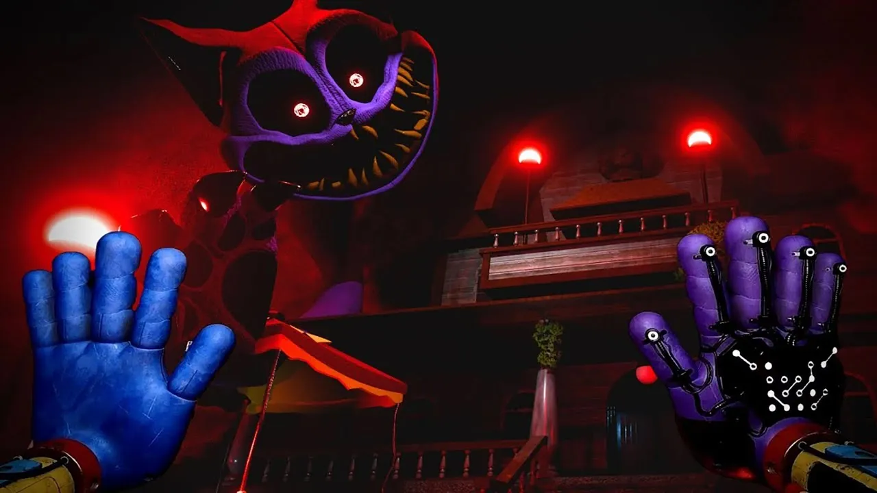Captura Poppy Playtime – Enfrentamiento Con Un Gato Monstruoso De Ojos Rojos Frente A Una Mansion Iluminada En Rojo