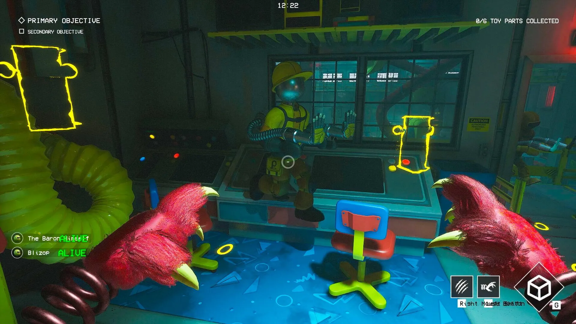 Captura Poppy Playtime – Vista En Primera Persona Con Garras Rojas Apuntando A Un Operario Robotico Frente A Una Consola
