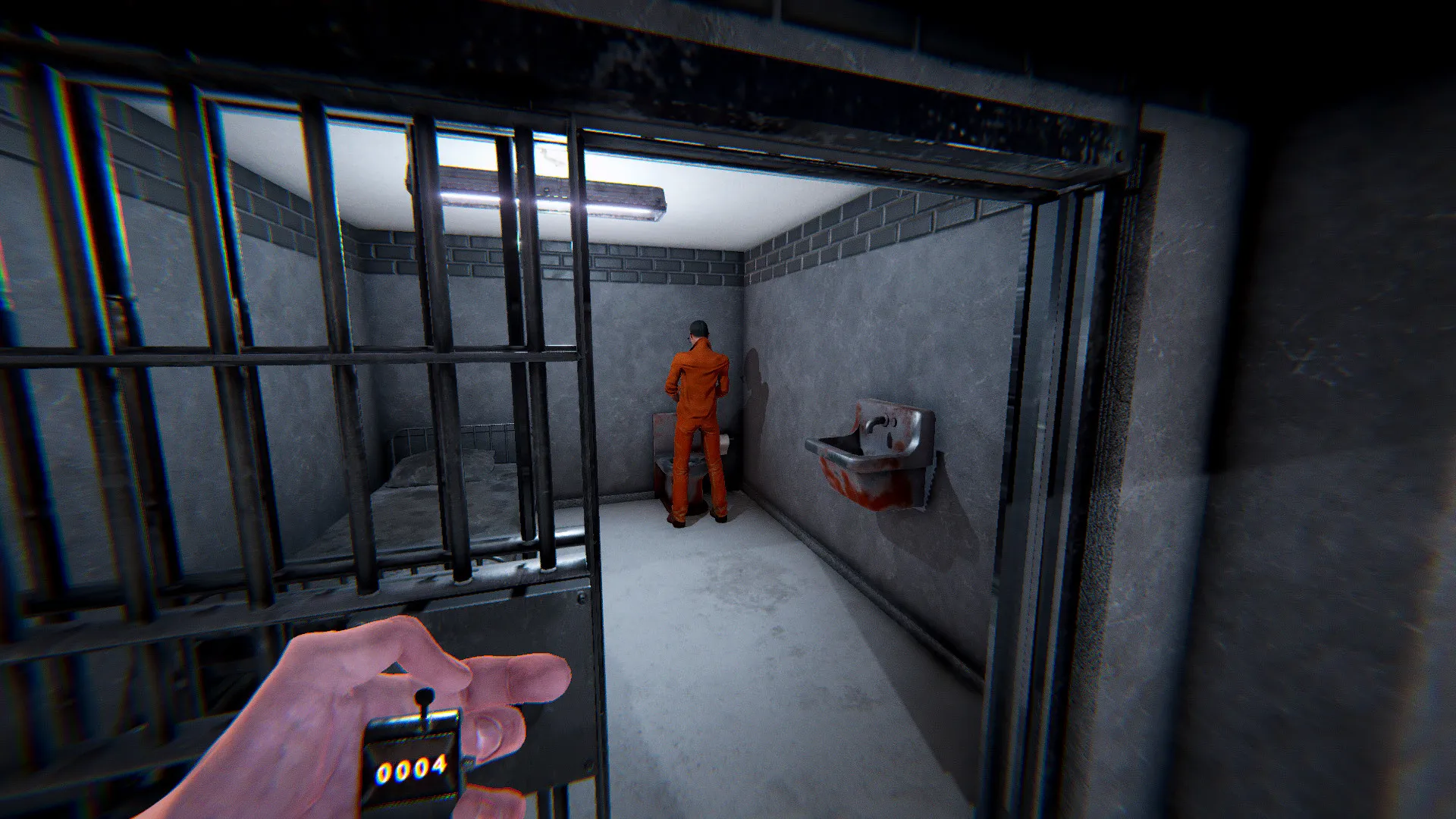 Captura Prison Simulator Celda Con Prisionero Sentado Bajo Poca Luz