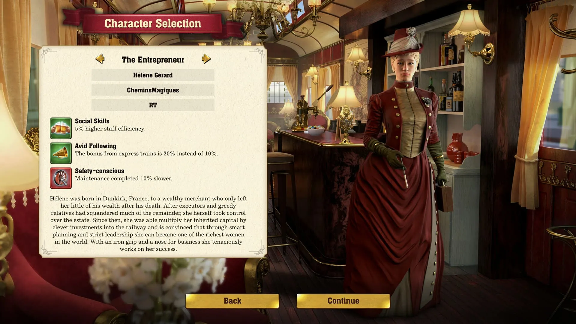 Captura Railway Empire 2 – Pantalla De Seleccion De Personaje Mostrando A Helene Gerard Con Sus Habilidades Detalladas