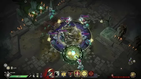 Captura Ravenswatch – Combate En Una Zona Circular Con Enemigos Rodeando Al Equipo En Un Entorno Lleno De Velas