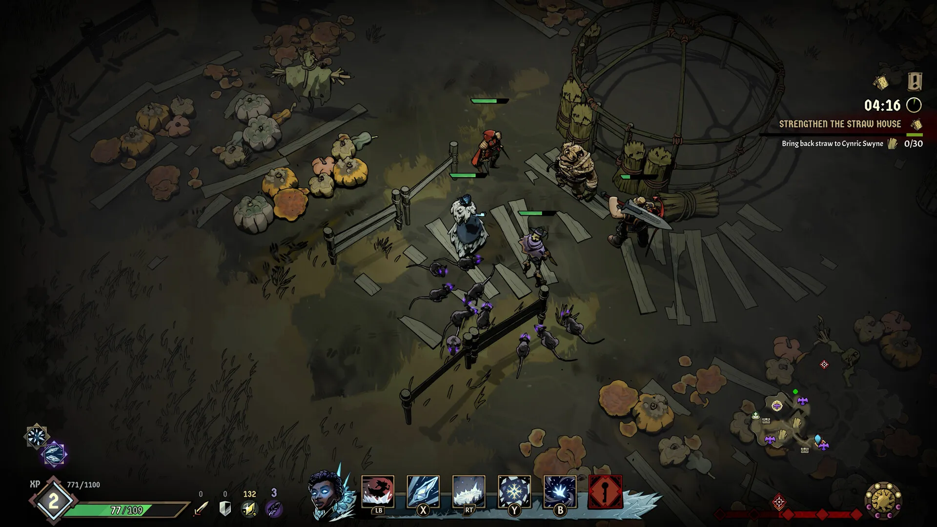 Captura Ravenswatch – Personajes Combaten En Un Campo Oscuro Entre Calabazas Y Cercas Mientras Recolectan Paja