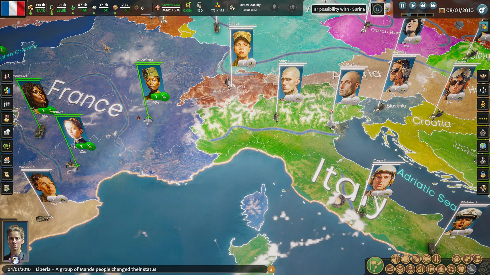 Captura Realpolitiks 3 Earth And Beyond – Mapa Politico De Europa Con Fichas De Lideres Desplegadas