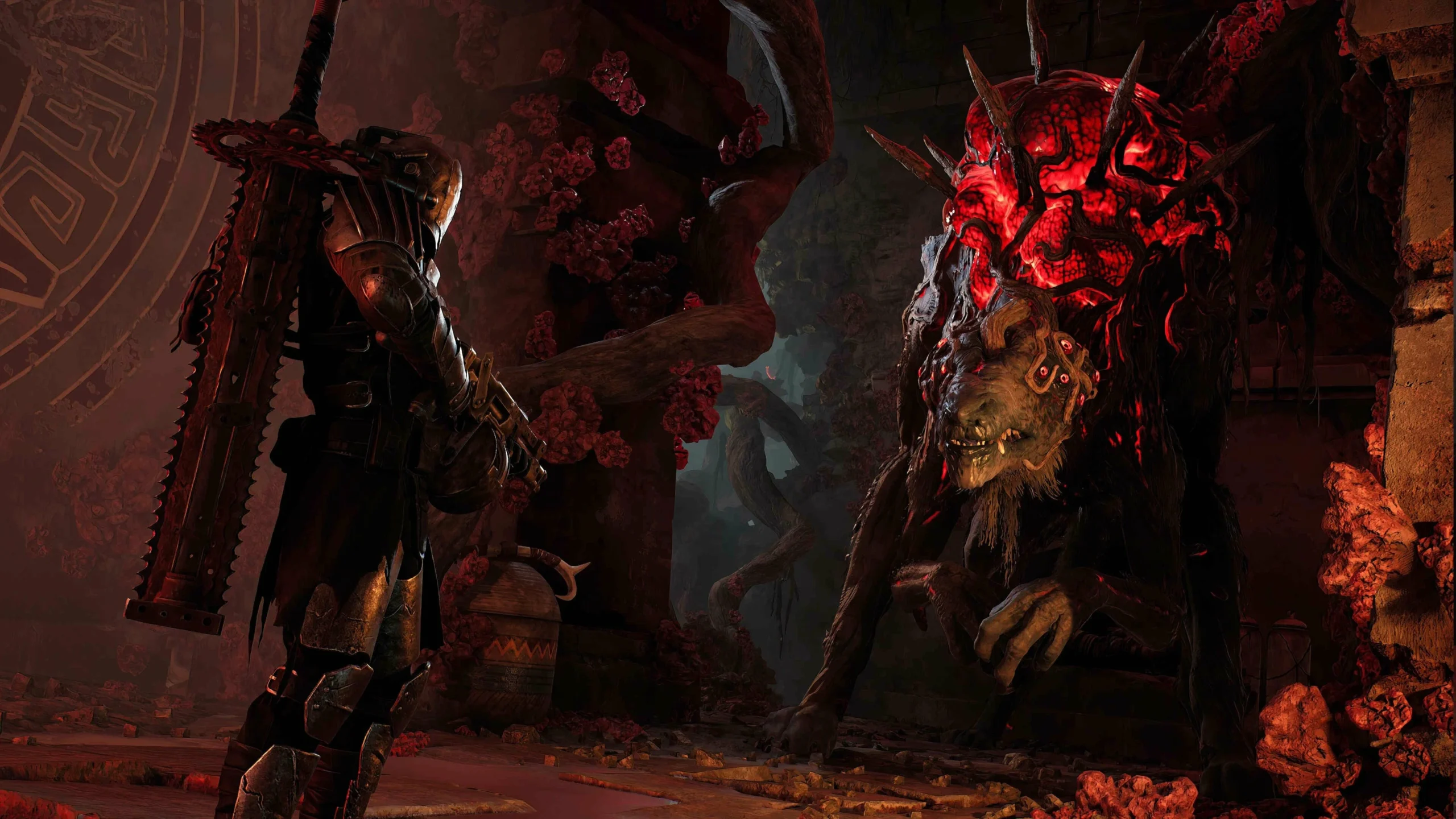 Captura Remnant II Ultimate Edition Escena De Combate Donde El Jugador Se Enfrenta A Una Criatura Grotesca Con Tentaculos Y Cabeza Brillante En Una Cueva Roja Scaled