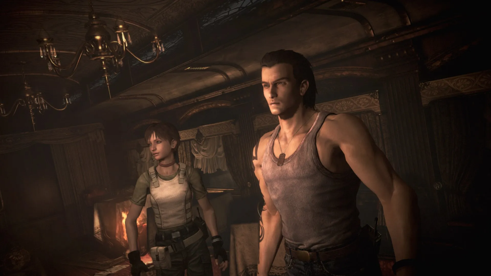 Captura Resident Evil 0 HD Remaster Escena Donde Los Personajes Principales Conversan Y Se Preparan Para La Accion Con Un Fondo Elegante Y Calido