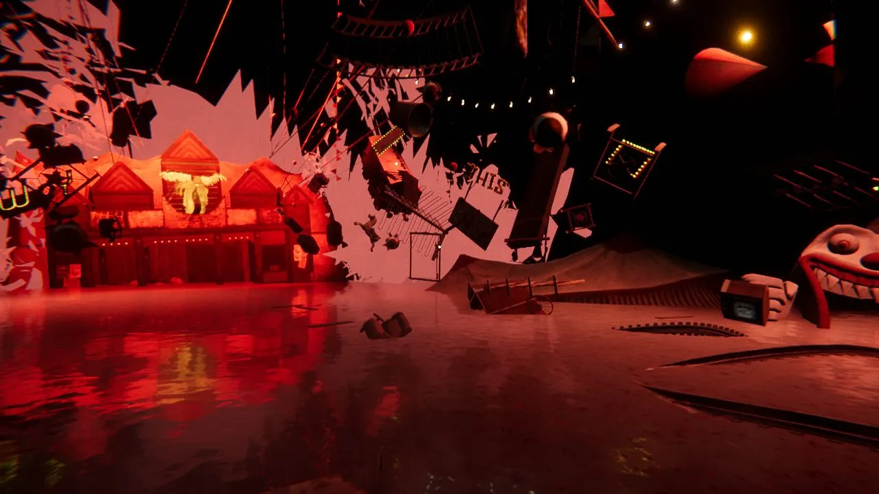 Captura Reveil – Pasillo Distorsionado Con Luces Rojas Objetos Flotantes Y Ambiente Surrealista