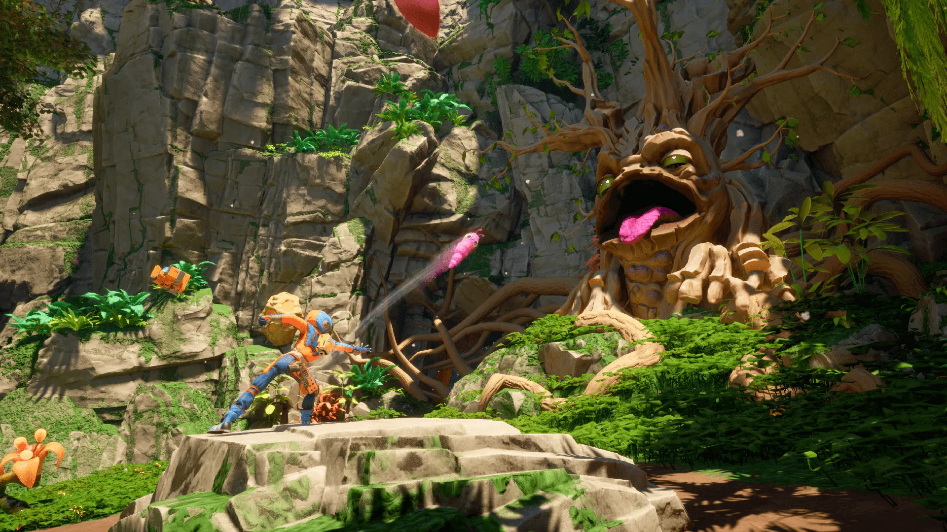 Captura Revenge Of The Savage Planet – Explorador Lanza Objeto Hacia Un Arbol Con Rostro Sonriente