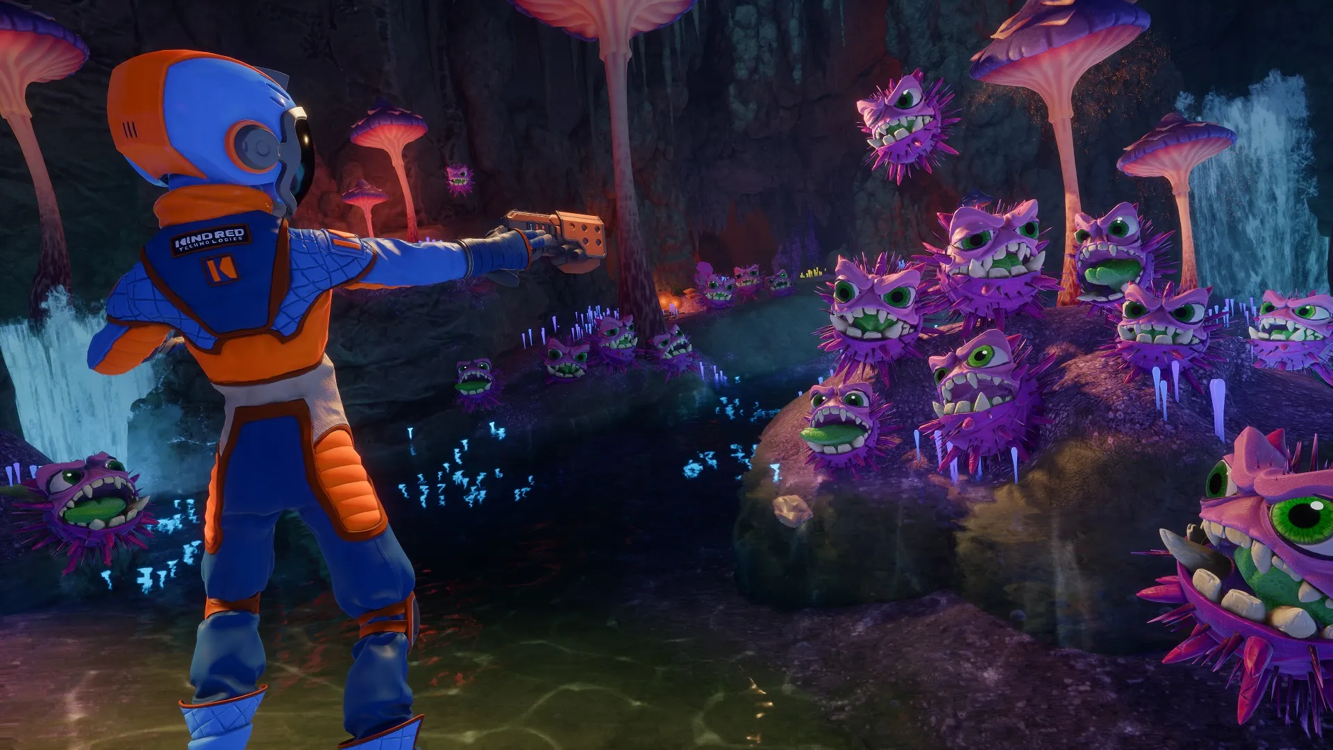 Captura Revenge Of The Savage Planet – Personaje Apunta Arma A Decenas De Criaturas Purpuras En Una Cueva