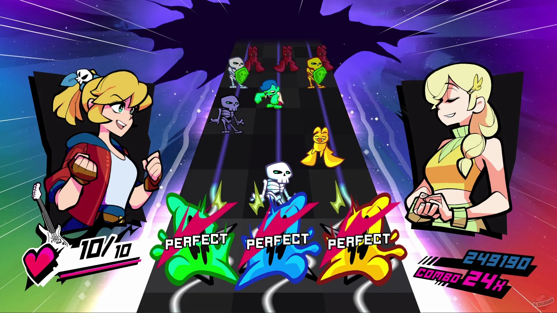 Captura Rift Of The NecroDancer – Vista De Juego Con Dos Personajes Enfrentados Y Enemigos De Colores En Fila Ritmica
