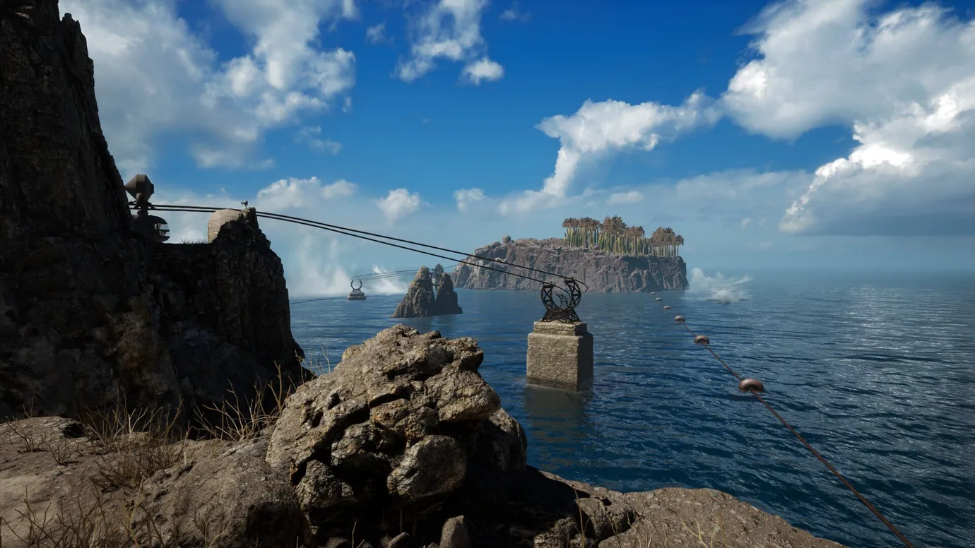 Captura Riven The Sequel To Myst Vista Costera Con Formaciones Rocosas Y Construcciones Entre Islas