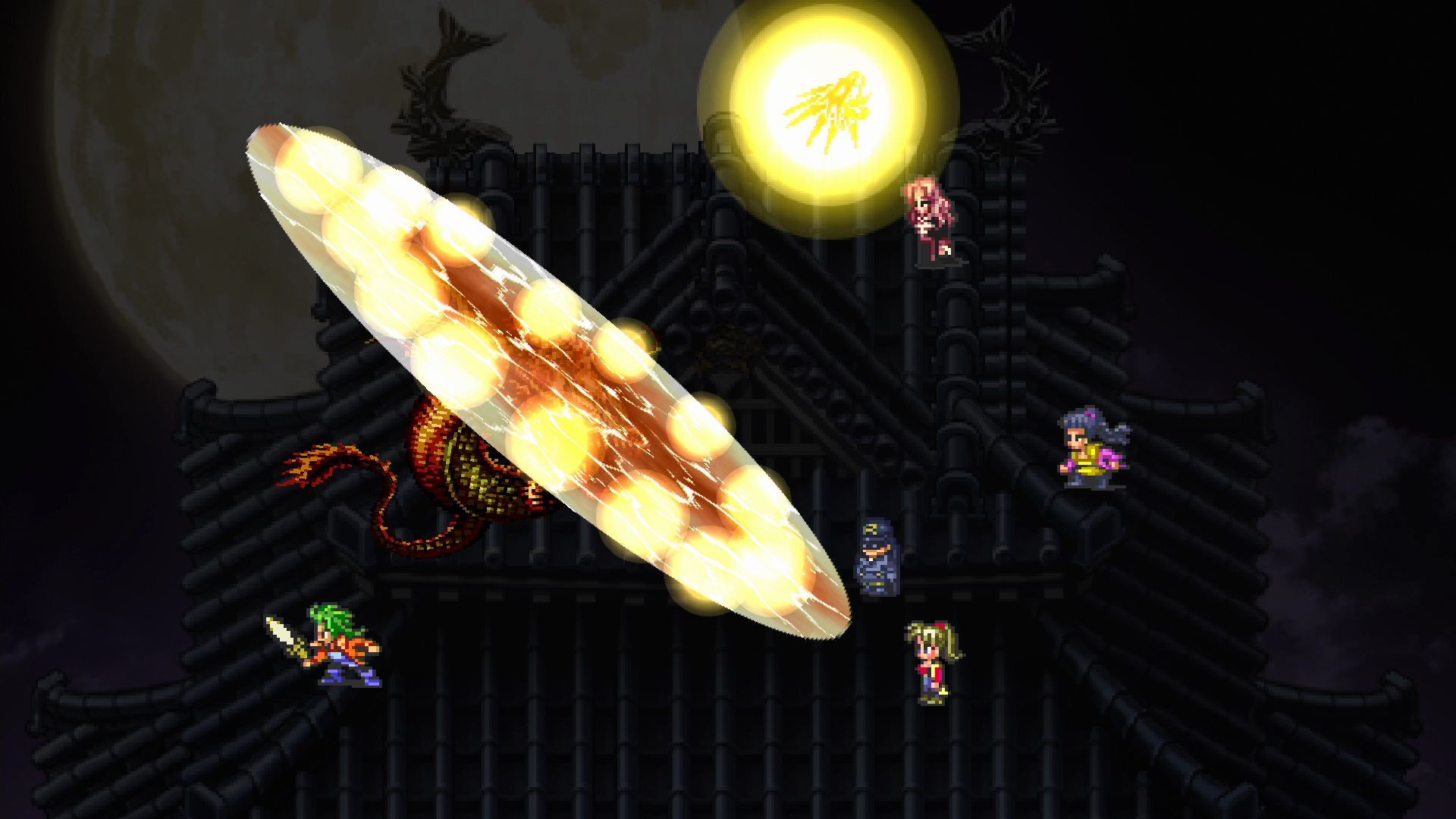 Captura Romancing SaGa 3 Ataque Magico En Un Escenario Oscuro Con Personajes En Formacion