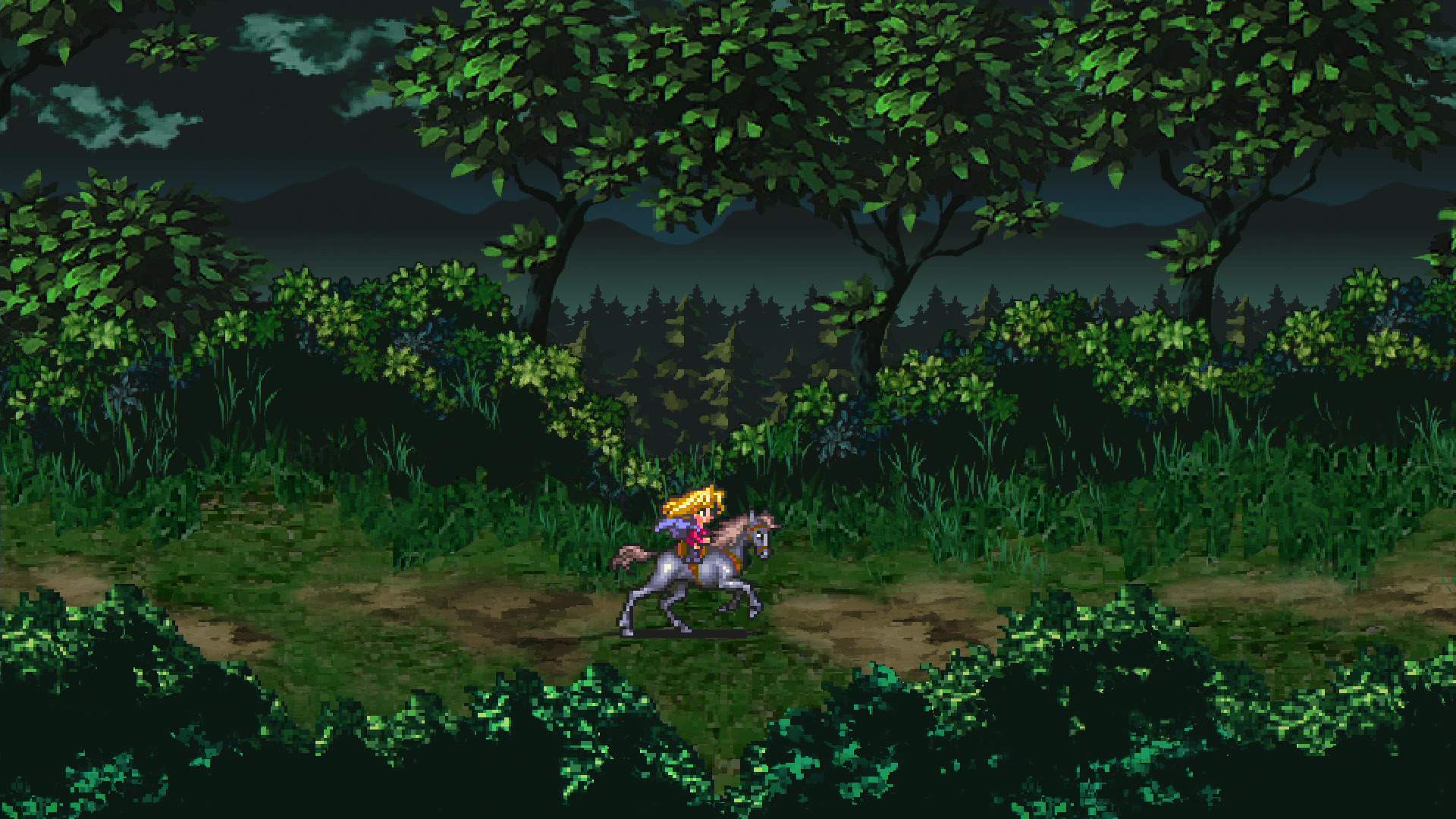 Captura Romancing SaGa 3 Personaje Avanzando En Bosque Oscuro Con Arboles Densos