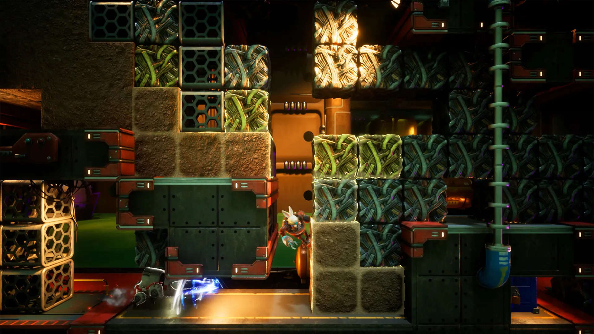 Captura Rusty Rabbit – Escenario De Plataformas Con Bloques Vegetales Y Tuberias Verdes