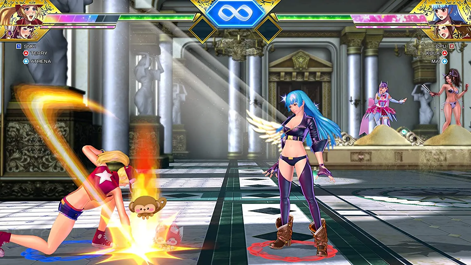 Captura SNK Heroines Tag Team Frenzy – Kula Enfrenta A Una Rival En Un Salon Decorado Con Estatuas Y Arena