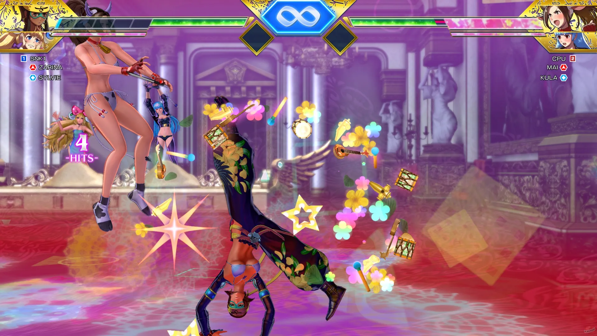 Captura SNK Heroines Tag Team Frenzy – Zarina Ataca Mientras Aparecen Iconos Coloridos Y Efectos De Combate