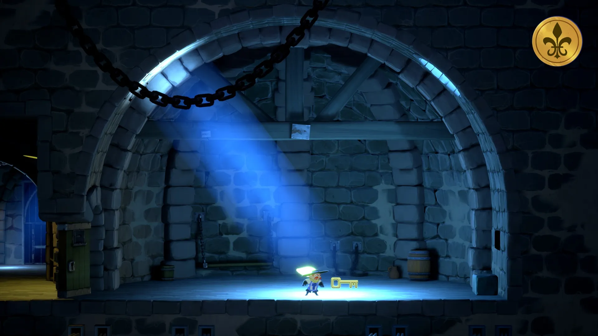 Captura Sacre Bleu – Escena Oscura En Mazmorra Con Luz Azul Enfocando Al Personaje